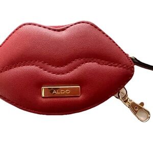 NEW LIPS ALDO COIN PURSE DARK RED GOLD-TONE ZIPPER BAG CHARM KEY CHAIN RING